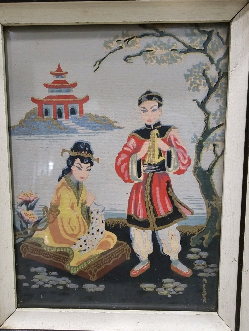 Mid-Century Japanese Signed Gouache Painting Vibrant Figures & Pagoda - Picture 3 of 15